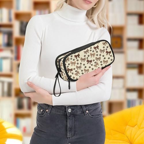 Wfrish Brown Leopard Bow Large Capacity Pencil Case, 3 Compartments Pen Pouch Organizer for School College Office, Zippers Big Pencil Bag for Teens Adults Girls Boys Makeup