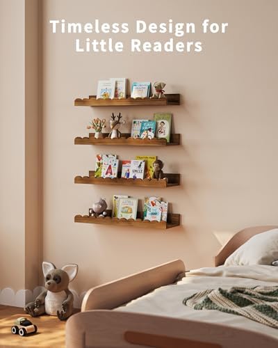 Shario Nursery Book Shelves, 4-Pack Walnut Brown,Floating Shelves for Wall Kids, Scalloped Shelves, Wall Book Shelves fo