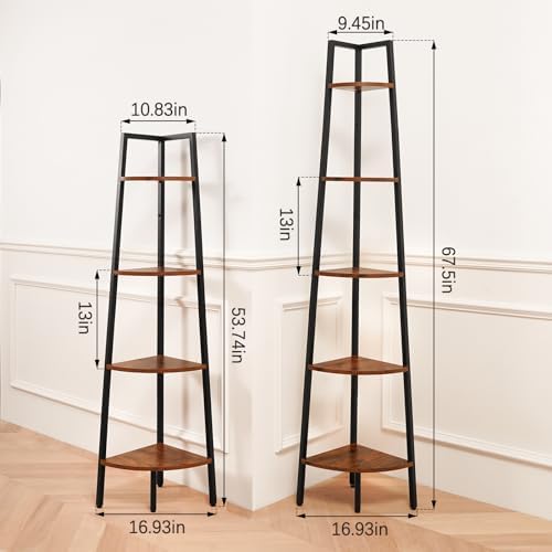 Yoobure 5-Tier Corner Shelf Stand- 67.5" Tall Corner Bookshelf with Metal Frame, Industrial Ladder Corner Shelves Displa