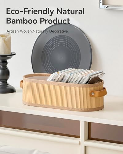 Narrow Storage Bins, Small Basket for Closet and Shelves, Bamboo Toilet Paper Storage Organizer with Handles for Counter