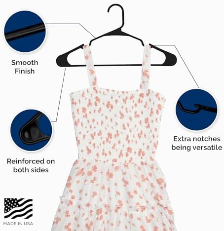 Closetselect Plastic Hangers 50 Pack - Space Saving Clothes Hangers, Made in USA, Durable & Strong Plastic Shirt & Coat Hanger with Notches & Shoulder Grooves, Non-Slip Clothing Hangers | Black