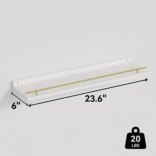 WOPITUES Floating Shelves 24 inch with Gold Metal Guardrail, Shelves for Wall Decor Set of 3, Wall Shelves for Bedroom, 