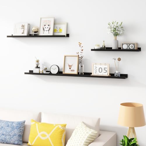 Acovy 24 inch Picture Ledge Shelf, Wood Floating Shelves Set of 4, Black