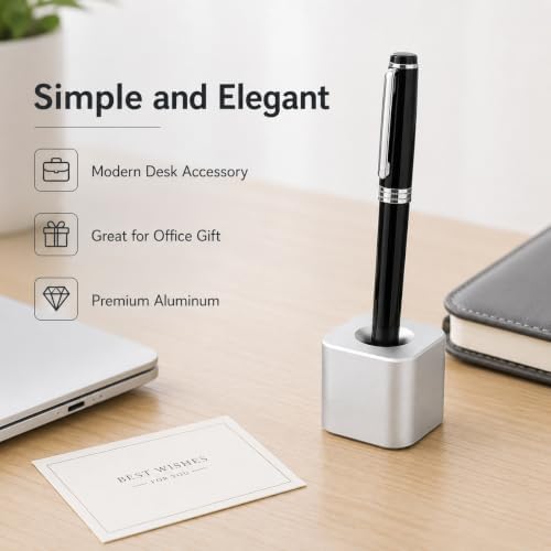 Coideal Silver Single Pen Holder Stand, Aluminum Desk Pen Base, Mini One-Hole Fountain Pen Holder for Pencil, Toothbrush, Makeup Brush, Office Desktop Organizer