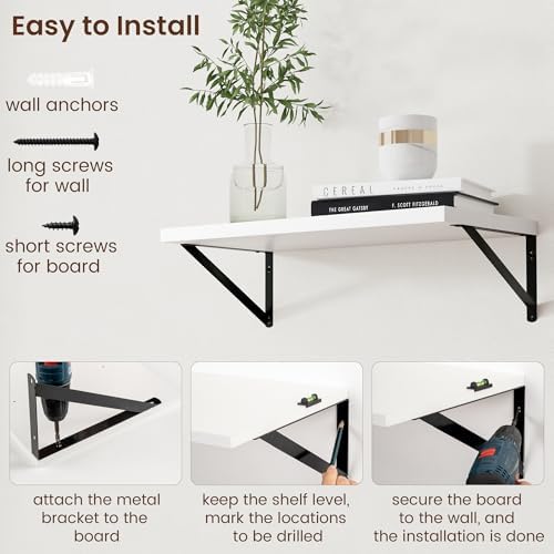 Axeman Floating Shelves for Wall White - 24 Inch Wide x 12 Inch Deep Wall Shelves Set of 2 - White Deep Wood Floating Sh