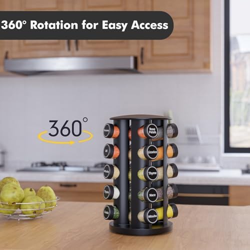 New England Stories Revolving Spice Rack Set with 20 Spice Jars, Kitchen Spice Tower Organizer for Countertop or Cabinet