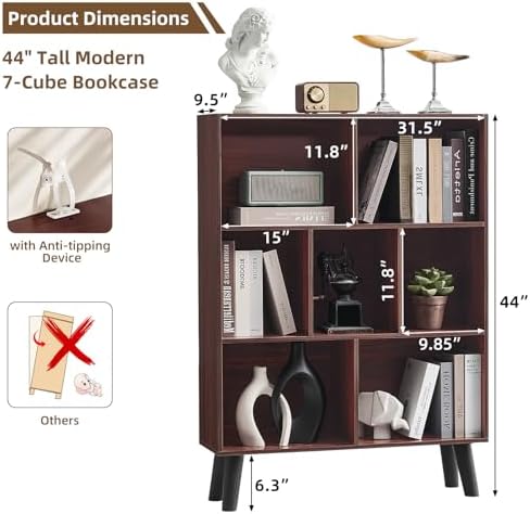 LEYAOYAO Cube Bookshelf, Mid-Century Modern Book Shelf with Legs, Walnut