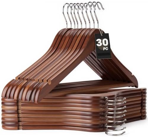 Korpai 30 Pack Wooden Hangers,Wooden Clothes Hangers with Smooth Pant Bar and Shoulder Notches,Heavy Duty Hangers with 360-Degree Rotatable Hook, Coat Hangers for Coats,Shirts,Dress,Pants,Walnut