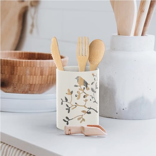 Mango Steam Metal Pen Holder, Makeup Brush Cup Organizer for Office, Bathroom, Vanity (White, Bird)