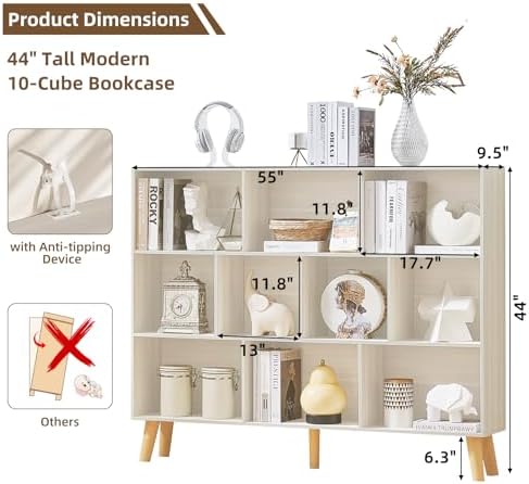 LEYAOYAO 10 Cube Bookshelf,Mid-Century Modern Bookcase with Legs,Light Grey
