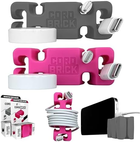 CordBrick 2PK Silicone + Steel Weighted Cord Holders for Nighstand, Cable Wraps for Travel, iPhone Accessories, Small Gr