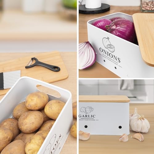 Kitchen Vegetable Storage Set of 3, Metal Onion Garlic Potato Storage Set, Kitchen Canisters Vegetable Keeper Containers