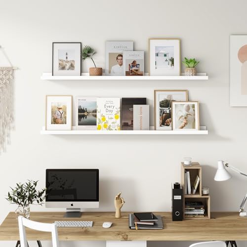 Picture Ledge Shelf for Wall, 16 inch Solid Pine Wood Nursery Book Shelves 2 Packs, Floating Ledge Shelves for Kids' Room Bedroom Bathroom Living Room Photo Frames Office Nursey Wall Decor, White