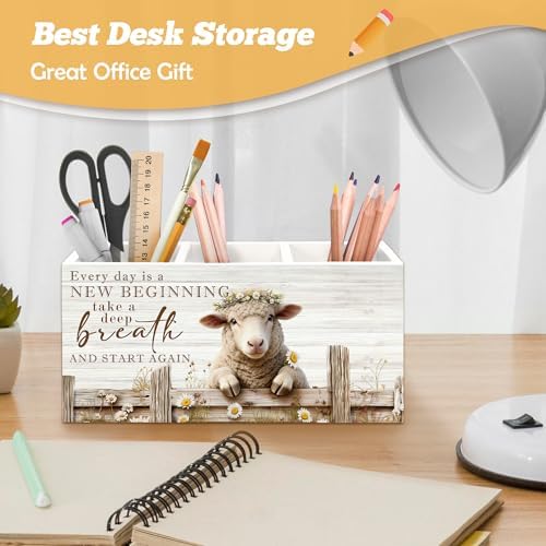 Motivational Sheep Pen Holder Organizer for Desk Accessories, Sheep Gifts for Women, Farmhouse Daisy Floral Lamb Positive Wooden Box Sign Desk Decorations for Home Office Decor