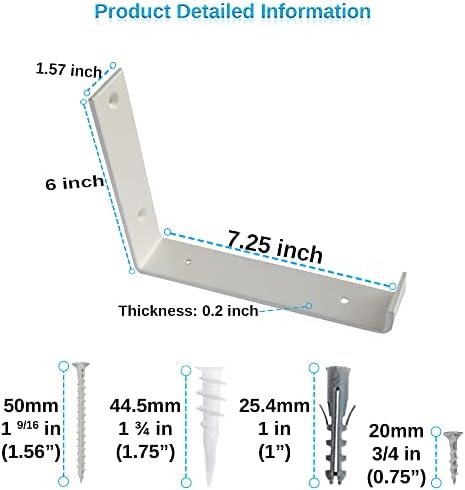 Shelf Brackets 4 Pack Heavy Duty Floating 8.0" L x 6.0" H x 1.5" W (Fits: 7.25" Board) White Metal Shelves Wall Mounted 