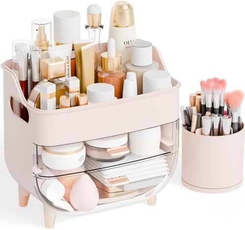 Yieach Pink Make up Organizer for Countertop,Vanity,Large Capacity Bathroom Makeup Skincare Organizers With Brush Holder