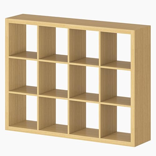 furtble Bookshelf with Storage Bins, 12-Cube Storage Organizer, Modern Wood Open Bookcase, Multifunctional Display Shelf