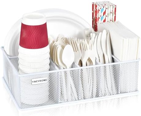 VIKEYHOME Paper Plate Organizer, Metal Silverware Caddy, White