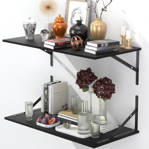 Deep Floating Shelves for Wall Set of 3, 24W x 12 Inch Deep Black Floating Shelves, Wide Floating Wall Mounted Shelves f