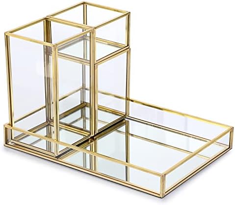 Hipiwe Set of 4 Gold Glass Makeup Brush Holder Organizer with Vanity Tray