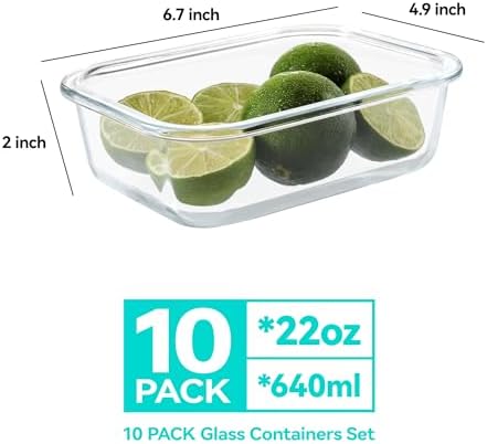 BAYZZ 10 Pack 22 oz Glass Meal Prep Containers, Glass Food Storage Containers with Airtight Lids, BPA-Free, Freezer and Microwave Safe, Green