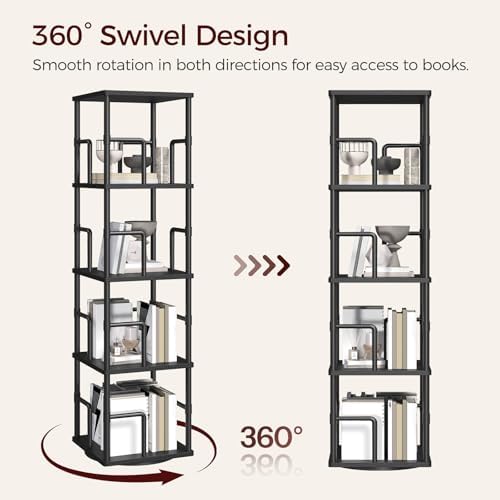 MAHANCRIS 4-Tier Rotating Bookshelf, Freestanding Corner Bookshelf, 360° Spinning Bookcase, Industrial Style Storage Rac
