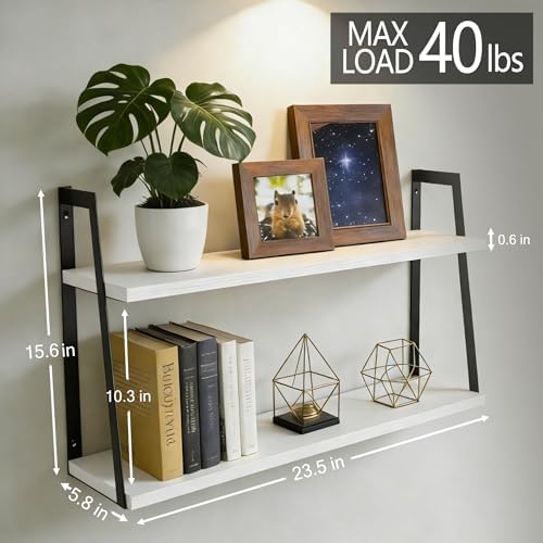 SRIWATANA White 2-Tier Floating Wall Shelves, Rustic Wood Storage Shelf Set