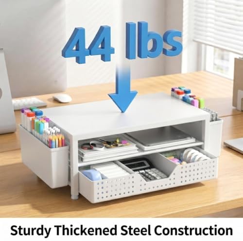 ECOLOVI Desk Organizer and Accessories, 2-Tier Computer Monitor Stand Rise with Storage Drawer & 2 Pen Holders, Laptop &
