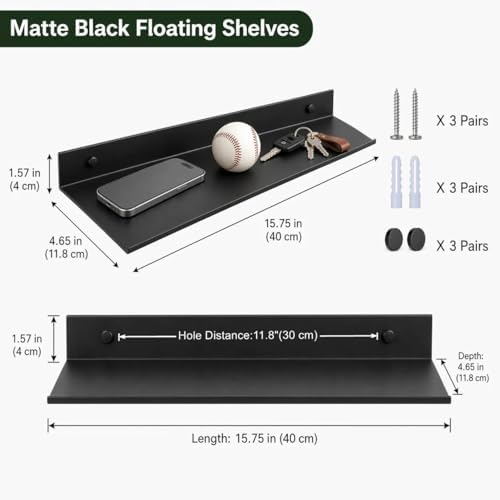 Z metnal Bathroom Shelf, Floating Shelves, Metal Display Wall Shelf, Aluminum, Wall Mounted, Matt Black,16 inch, 2 Pack