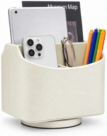 UnionBasic Rotating Desk Organizer, 360 Desk Spinning Caddy, Desktop TV Guide/Mail/Media/Remote Controller Holder Organizer, Creamy White - Printed Oil Leather