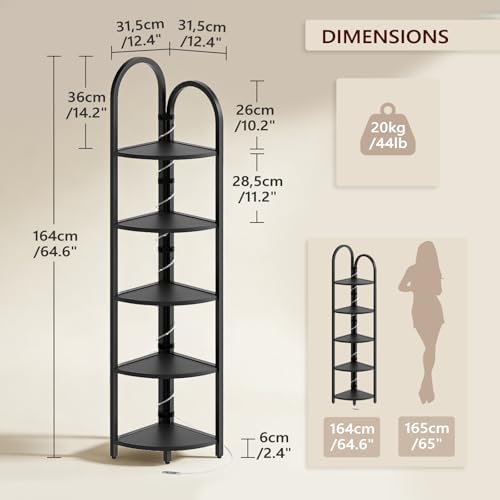 MAHANCRIS 5-Tier Corner Shelf with LED Light, 64.6'' Tall Corner Bookshelf, Narrow Storage Shelf with Metal Frame, for L