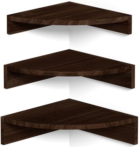 Alsonerbay Wood Corner Shelves Wall Mount 3-Pack, Dark Brown