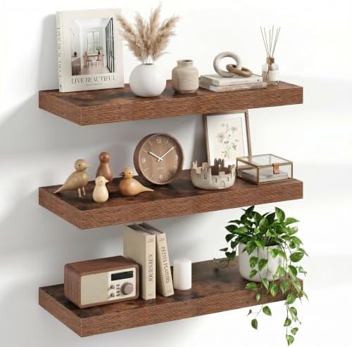 20" Floating Shelves for Wall, Set of 3, 8" Deep, 1.5" Thick, Brown