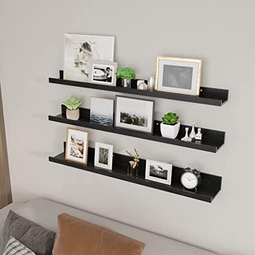 Giftgarden 36 Inch Black Floating Shelves for Wall Woodgrain Picture Ledge Large Photo Shelf for Bedroom Living Room Kit