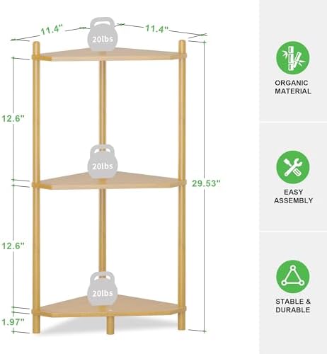 Wisuce Natural Small Corner Shelf Stand, 3-Tier Bamboo Corner Bookshelf