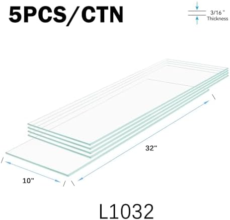 10" x 32" - 5-Pcs Tempered Glass Rectangular Shelves - 3/16" Thick - Home & Office Storage Racks