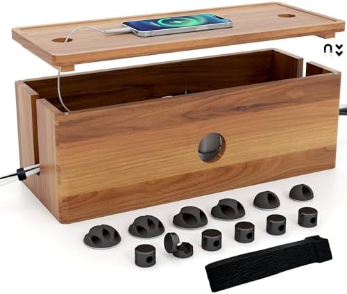 Large Cable Management Box Acacia Wood Cord Organizer Power Strip & Cables