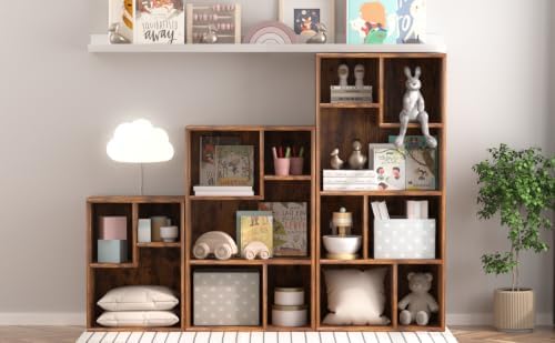 VECELO Wide Kids Staggered 7-Cube Bookshelf, Extra Large Freestanding Open Storage Organizer with Multi-Size Compartment