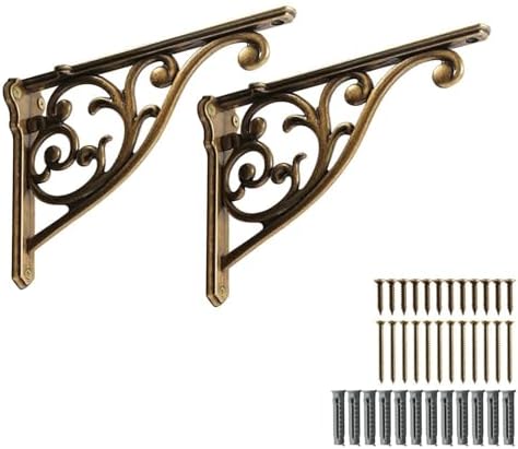 Khtumeware Ornate Decorative Shelf Brackets, 12 inch Big wall Mounted Shelving Bracket, 2 Pack Antique Brass Vintage Met
