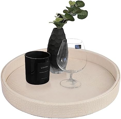 HofferRuffer Faux Leather Round Serving Tray, Vegan Croco Leather Decorative Tray, Food Tray for Storage Drinks, Snack &