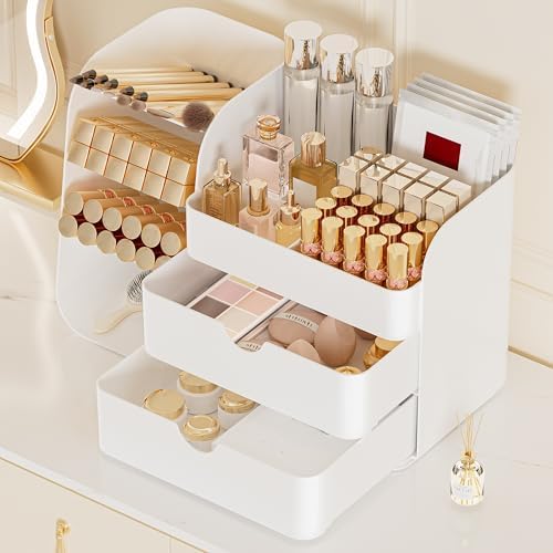 Makeup Organizer with 2 M Drawers & Brush Holders - Cosmetic Storage Case for Vanity, Bathroom Countertop & Desk - Skinc