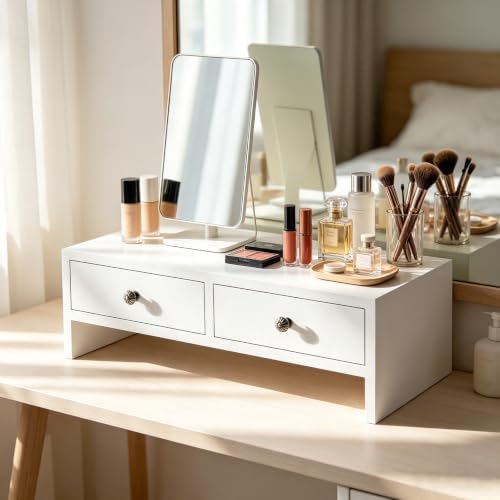 WELLAND Monitor Stand Riser with Drawers, Computer Monitor Stand, Desktop Organizer Stand for Laptop, PC, Office Supplie