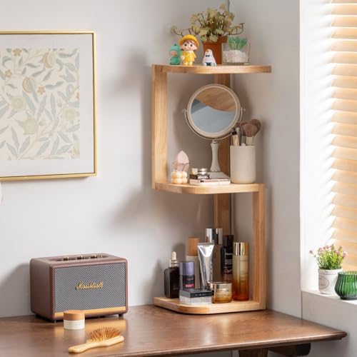 Corner Shelf Stand Desk Organizer,26.8" H Rubberwood Brown Rack for Small Spaces, Bedroom,Home Office,Kitchen,Bathroom (