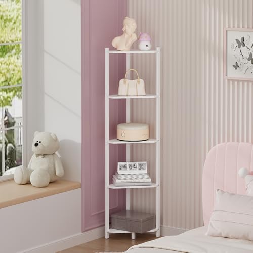 Wisuce Bamboo Tall Corner Shelf Stand, 5-Tier White Corner Bookshelf