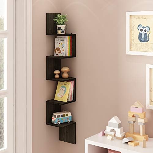 Furinno Rossi 5-Tier Corner Square Floating Shelves for Wall, Espresso