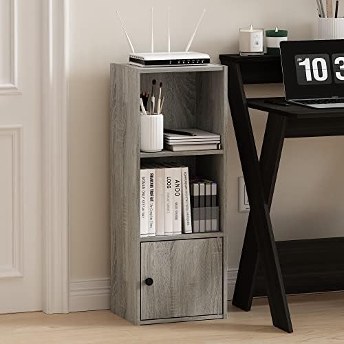 Furinno Luder 3-Tier Book Shelf with Closed Storage, Bookshelf, Bookcase with 1 Door, 9.3 x 12 x 31.5, for Living Room, 
