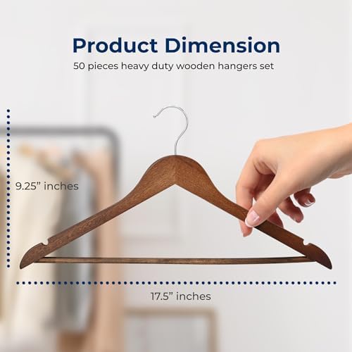 SereneLife 50-Pack Wooden Coat Hangers – Durable Suit Hangers with 360° Swivel Hook & Notches – Slim Design for Shirts, Jackets, Dresses, and More (Vintage)