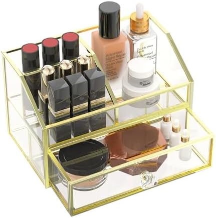 FSyueyun Glass Makeup Organizer with Drawer for Vanity, Clear and Gold