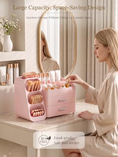 Booklov Large Makeup Organizer for Vanity Countertop, Pink