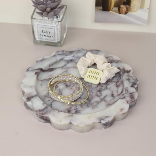 Round Marble Decorative Tray with Scalloped Edge, Luxury Natural Stone Bathroom Vanity Tray, Dresser Top Perfume Coffee 